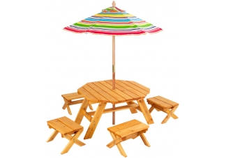 Octagon Table & 4 Stools and Multi Striped Umbrella