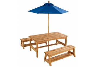 Table & Benches with Blue Umbrella