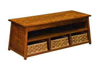 Solid Oak Bench with Weaved Baskets