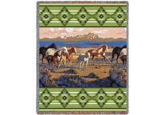 Wild Horses Green Tapestry Throw
