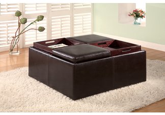 Contemporary Square Faux Leather Storage Ottoman with Tray Tops