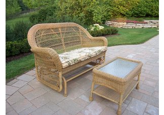 Resin Wicker Double Glider and Coffee Table 2pc Set with Cushion.
