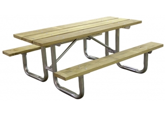 wood picnic table, steel picnic table