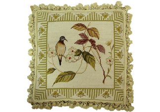Bird and Bean Flower Needlepoint Pillow