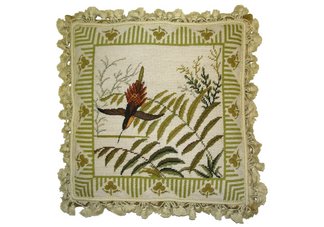 Bird with Ferns Needlepoint Pillow