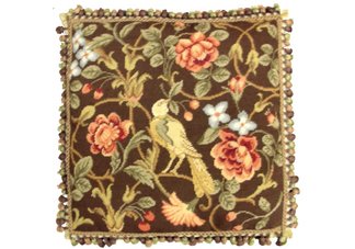 Birds and Peonies Chocolate Needlepoint Pillow