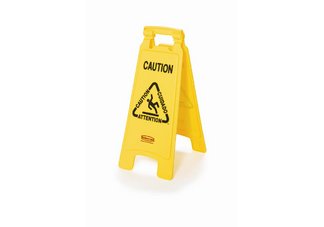 mops, brooms, brushes, cleaning supplies, caution sign