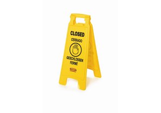 mops, brooms, brushes, cleaning supplies, closed sign