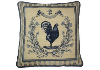 Blue French Country Rooster Needlepoint Pillow