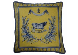 Blue and Yellow Country Cow Needlepoint Pillow