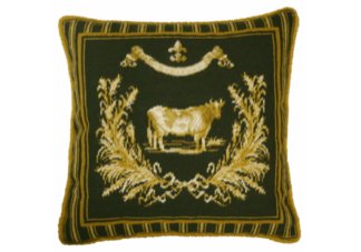 Green French Country Cow Needlepoint Pillow