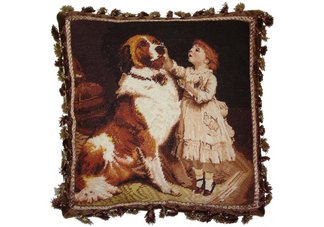 Saint Bernard Dog and Girl Needlepoint Pillow