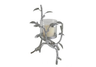 Small Silver Hurricane with leaf Accents and Glass Insert