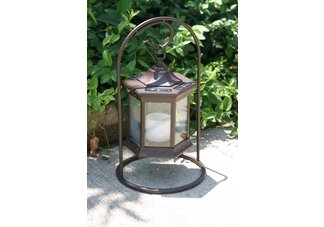 Six sided brown table top solar lantern with clear glass