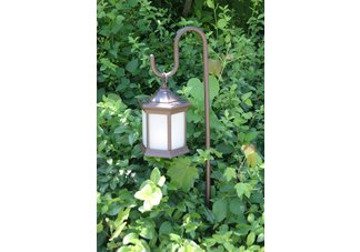 Six sided, frosted glass, brown solar lantern with shepherds hook pole