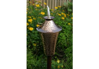 Kona Deluxe series hammered copper patio torch with hardwood ground pole