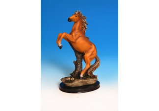 Rearing Brown Horse on Wood Base