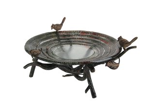 Round Glass Plate on Iron Stand w/Birds & Leaves