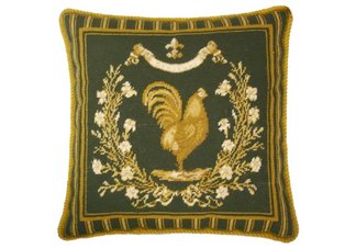 Classic Country Rooster Green Needlepoint Pillow