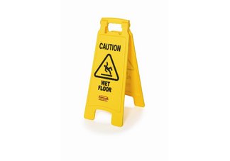 mops, brooms, brushes, cleaning supplies, wet floor sign