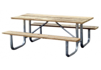 wood picnic table, steel picnic table