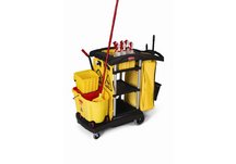 mops, brooms, brushes, cleaning supplies, janitor cart