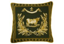 Green French Country Cow Needlepoint Pillow