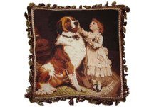 Saint Bernard Dog and Girl Needlepoint Pillow