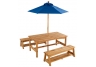 Table & Benches with Blue Umbrella