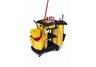 mops, brooms, brushes, cleaning supplies, janitor cart