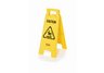 mops, brooms, brushes, cleaning supplies, caution sign